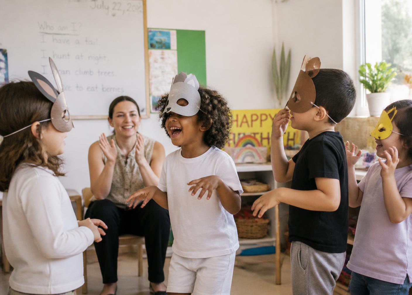 Estudiantes dramatizando una historia en inglés con máscaras de papel